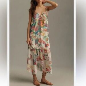 Anthropologie Floral Patchwork Maxi Dress in Cream, Pink, Green, Blue